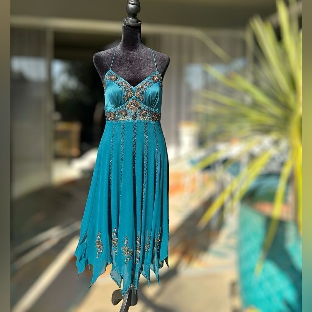 SUE WONG Nocturne Y2K Hand Beaded Midi Slip Dress Silk Woodland Fairy Size 6 - Picture 4 of 17